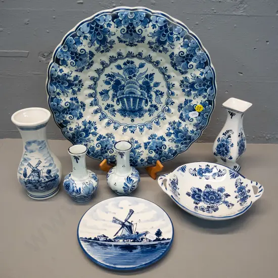 7 assorted hand-painted Delft blue & white items - bowl-shaped display plate D-310, pair of small vases, windmill plate