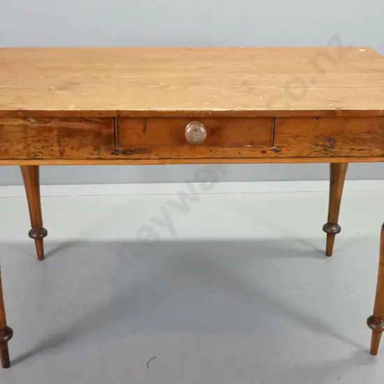 Baltic pine farmhouse kitchen table with turned legs, single drawer w/timber knob - polish on top needs attention H-750