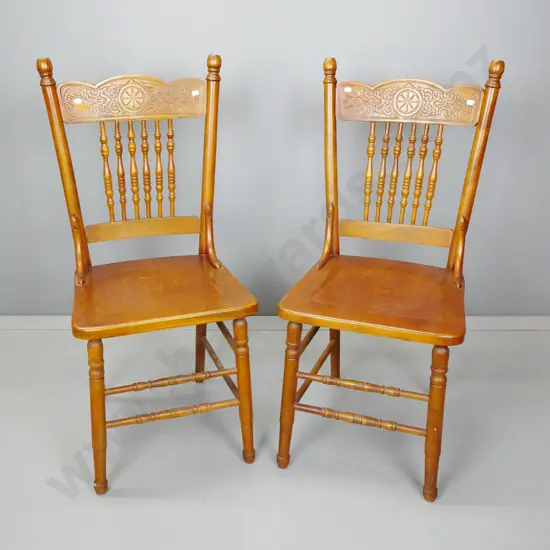 pair vintage beech pressed-back chair with spindle back, pressed decoration on seat, stretcher base H-920 W-410 D-400