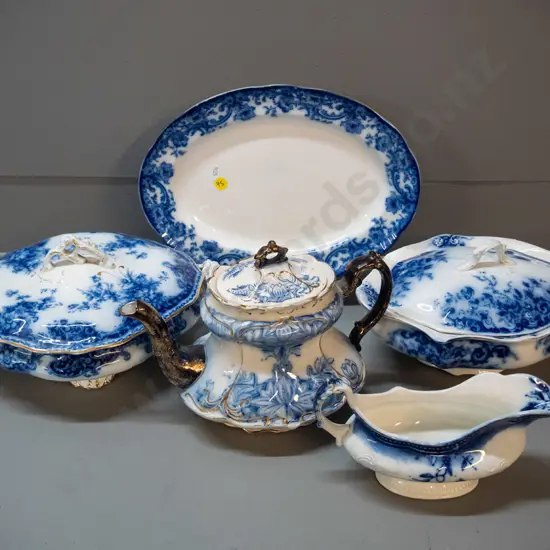 5 vintage flow blue items - Doulton Burslem Melrose oval plate, Burgess & Leigh Athol lidded vege, SJB teapot, Johnson