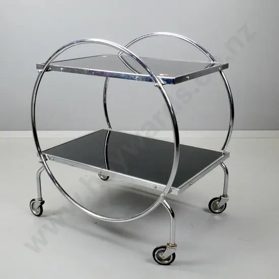 deco chrome and black glass hoop side tea trolley - some pitting to chrome & scratches to glass H710 L570 W450