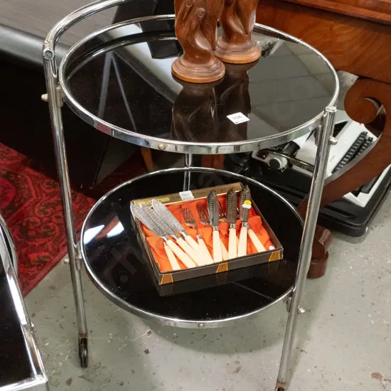 deco chrome and black glass circular cocktail trolley - some pitting to chrome & scratches to glass, one nut replaced.
