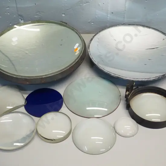 assorted optical elements - 2 concave mirrors D-290, one marked with sighting info, assorted glass lenses etc.