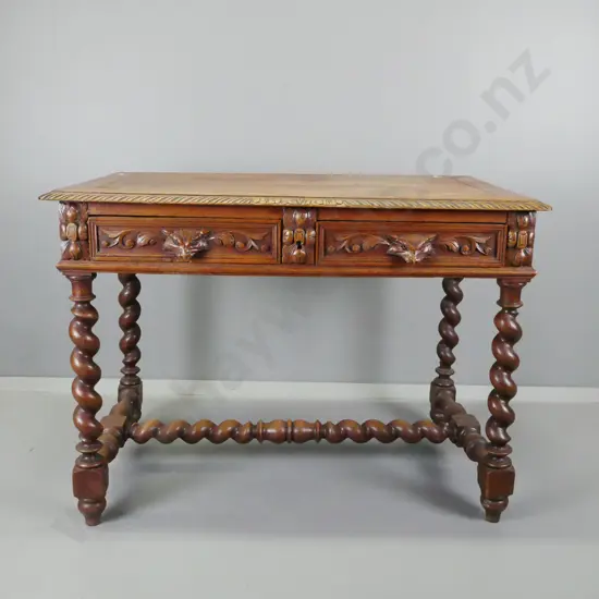 Victorian carved oak lady's desk with cross-banded edge, Jacobean twist legs & stretcher base - loose joints, some