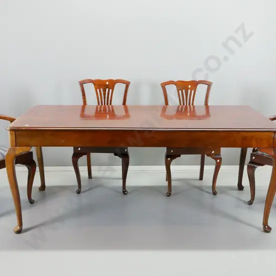 vintage beech dining suite w/ cab leg table, 4 pierced back splats chairs, 2 are carvers - fading to one end, marks and