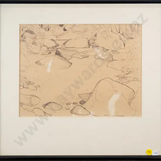 HV Miller 1967- framed ink "Leith Valley, pool in the Leith" (foxing) H-220 W-275