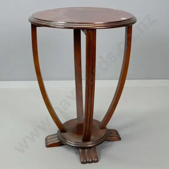 art deco side table with round top, bow fluted supports to platform base H-600 D-440