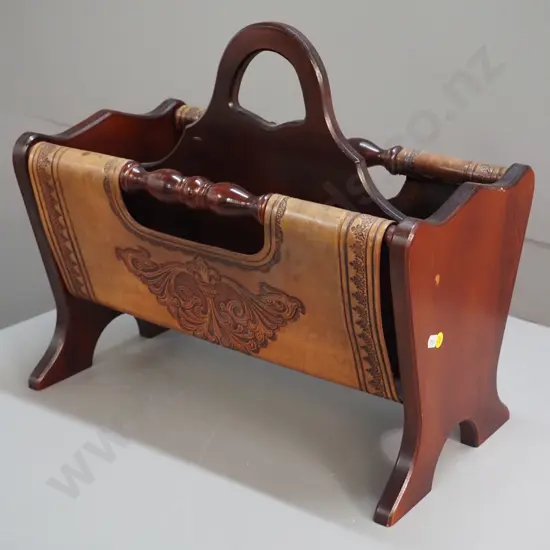 mahogany and tooled leather magazine rack H400 W460 D260