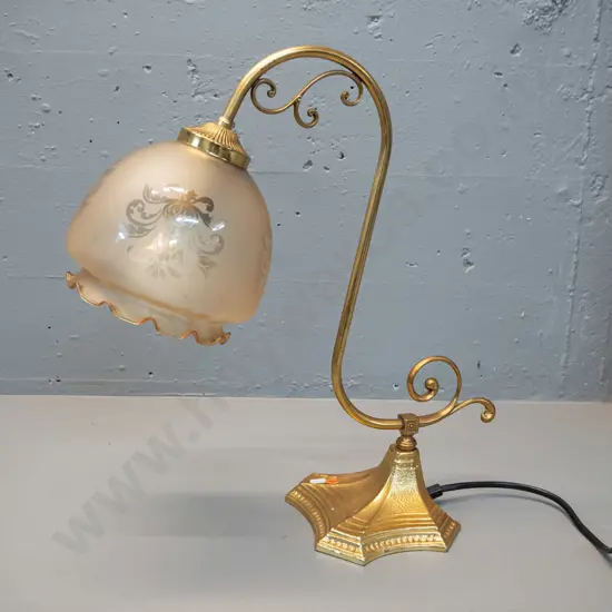 retro brass finish cast metal table lamp with frosted frilled-edge shade - fraying to wires at switch. H-430 W-440