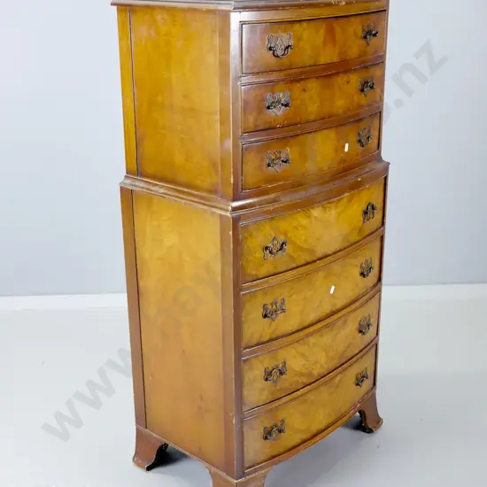 vintage walnut 7-drawer bow-fronted small chest-on-chest with brass handles, on splayed bracket feet, pierced handles,