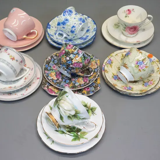 7 English bone china trios -  including 2 Royal Doulton, Wedgwood, etc.