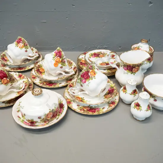 Royal Albert Old Country Roses - 4 trios, cream & sugar, jam pot, salt & pepper, extra side plates - and Royal Vale