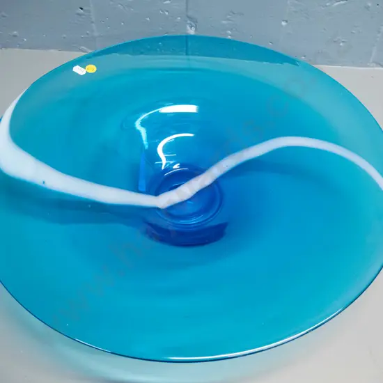 large heavy art glass shallow bowl - blue with white stripe H-90 Diameter 470