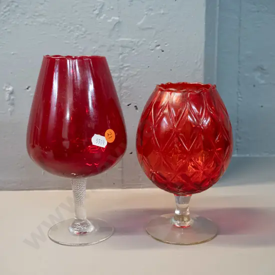 2 clear-stem ruby glass goblets - shorter one with relief pattern, other is H-210