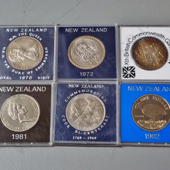 6 New Zealand commemorative coins - various dates 1969 thru 1982 - see photos