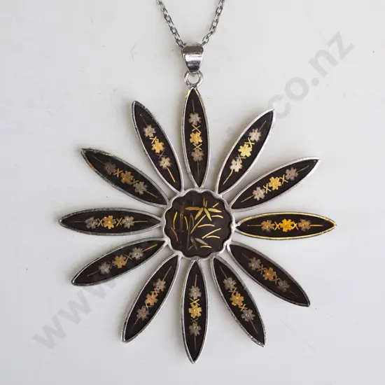 silver large flower necklace stamped sterling