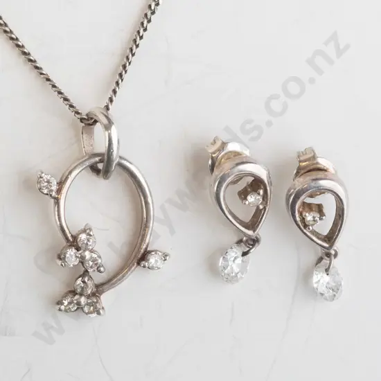 silver cz necklace & earrings stamped 925