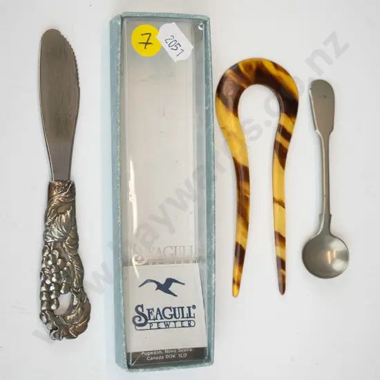 small spoon (stamped Potosi silver, bird, I, crown) boxed pewter letter opener & a tortoise-shell hair clip