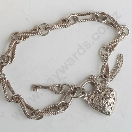 silver bracelet with heart clasp & safety chain stamped 925,clasp needs attention