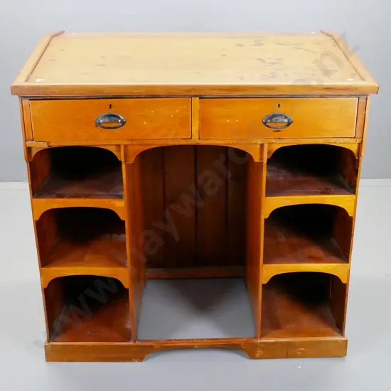 colonial kauri clerk's desk w/ 2 segmented drawers, 6 open shelves w/ kneehole centre - splits on sides, has been