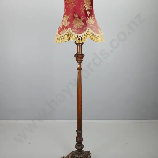 vintage carved timber standard lamp with fluted stem, carved acanthus motifs, on 3 scrolling feet with tasselled floral