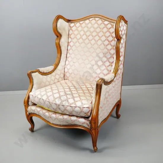 restorer's 19th century French cab-leg wingback chair with patterned upholstery & brass studding - cat damage to sides
