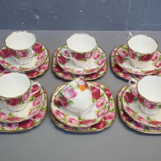 set of 6 Royal Albert Old English Rose trios - cream colour glaze