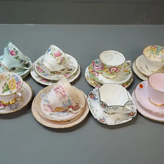 6 English trios and 2 cups & saucers - Royal Albert, Shelley, Paragon, Coalport etc.