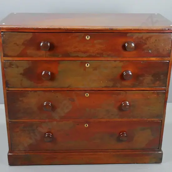 Victorian Baltic pine 4-drawer chest with turned timber knobs, round key escutcheons, on plinth base - discolouration to