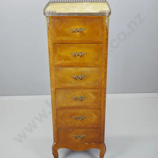 vintage French mahogany 6-drawer Wellington chest w/composite or stone top, pierced brass gallery, parquetry detail,