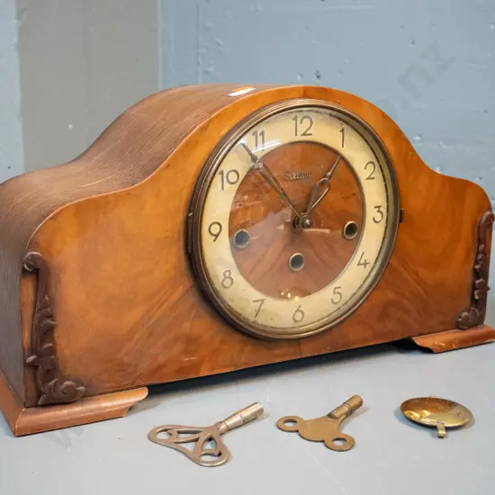 deco 'Sterling' mixed timber chiming mantel clock with pendulum & 2 keys - some marks to polish H200 W370 D140