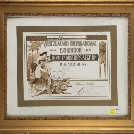 framed New Zealand International Exhibition 1906-7 Home Industry section bronze medal award.