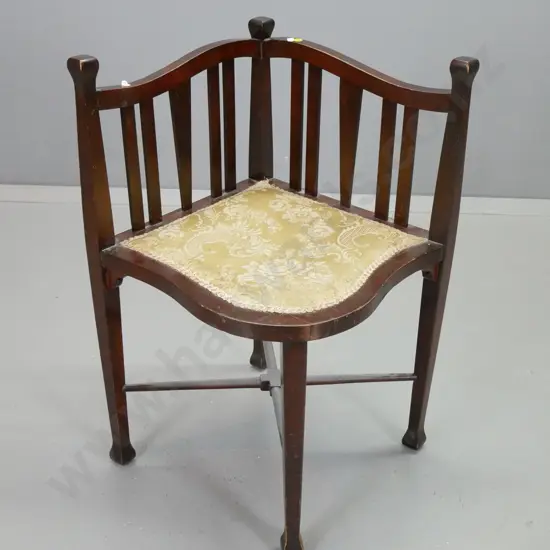 vintage beech slat-back corner chair with upholstered seat, x-frame stretcher base - wear to fabric H-720 W-600 D-520