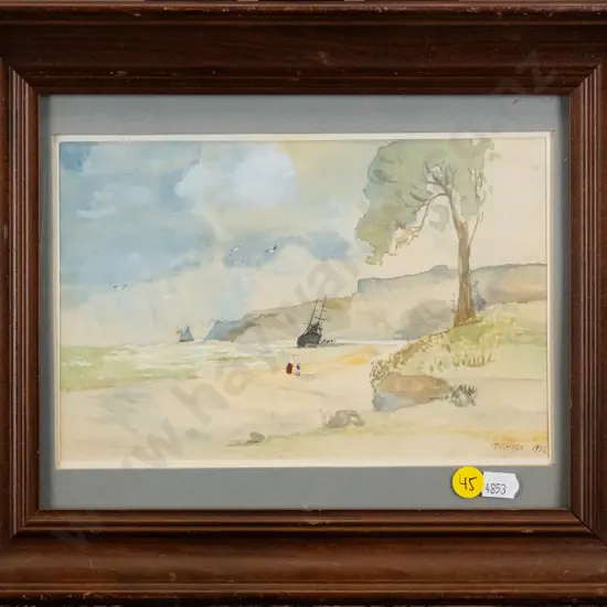 PB Hope 1932 - framed watercolour - coastal scene - H-140 W-210