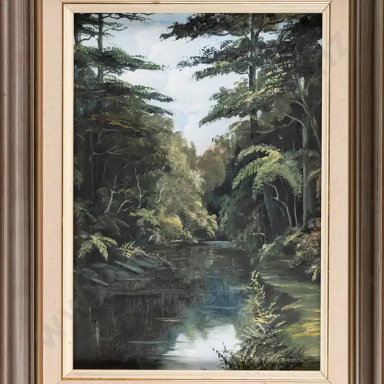 B Newbrook - framed oil - tree & river scene - H-330 W-240