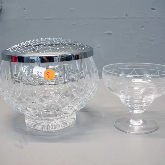 Stuart crystal sweet dish and a cut crystal rose bowl with chrome insert H-130 D-160