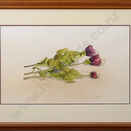 illegible signature 99 -framed watercolour - roses H-350 W-580