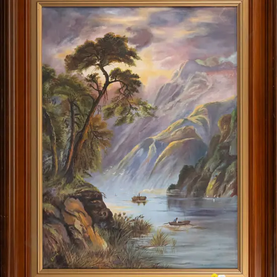K Smith? - framed oil on canvas- lake & mountain scene H-600 W-440