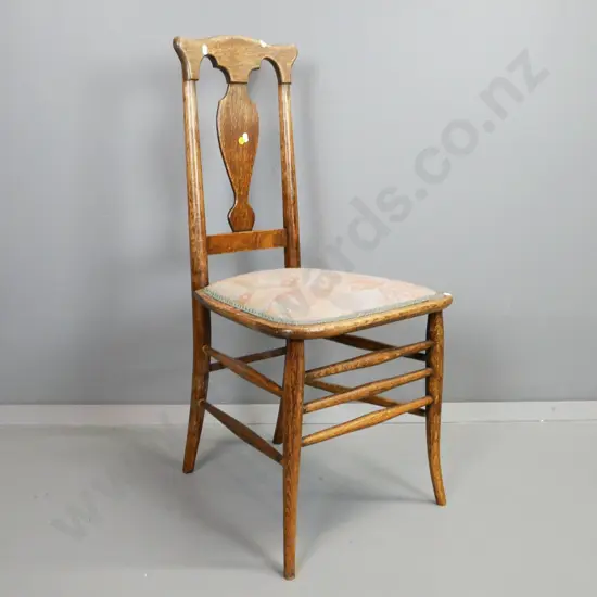 vintage oak splat back bedroom chair with turned rail base, upholstered seat - fading and wear to polish. H-900 W-430