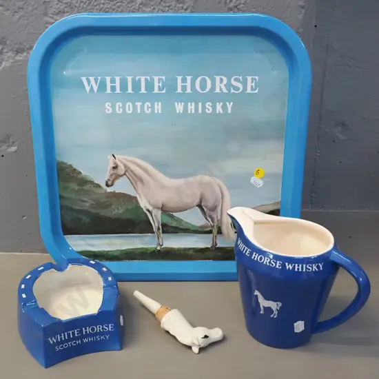 White Horse whisky items - Wade Jug, Portmeirion ashtray, printed tin tray 345 x 345, and a horse head bottle stopper