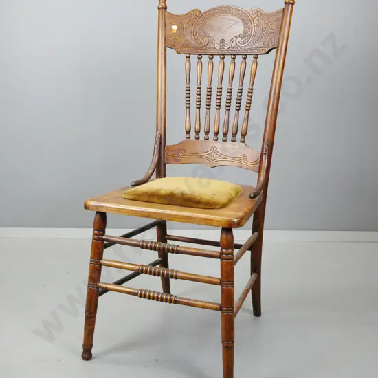 vintage elm pressed back dining chair with spindles in back, upholstered seat, turned stretcher base H-990 W-440 D-440