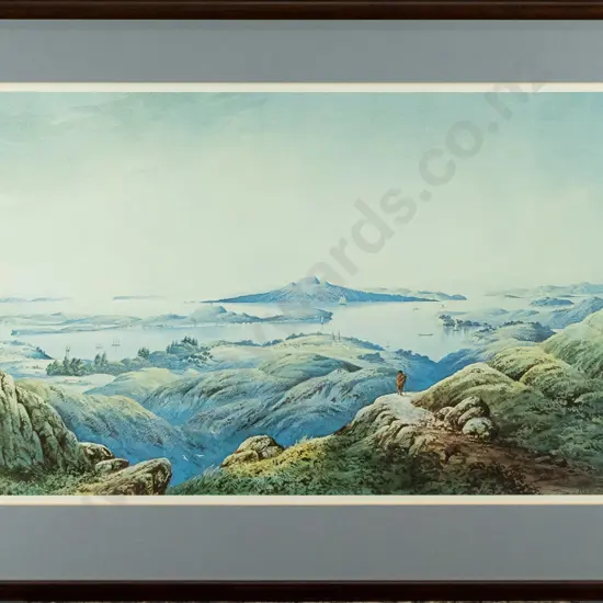framed historic print - Auckland Harbour 1873 - H-320 W-530