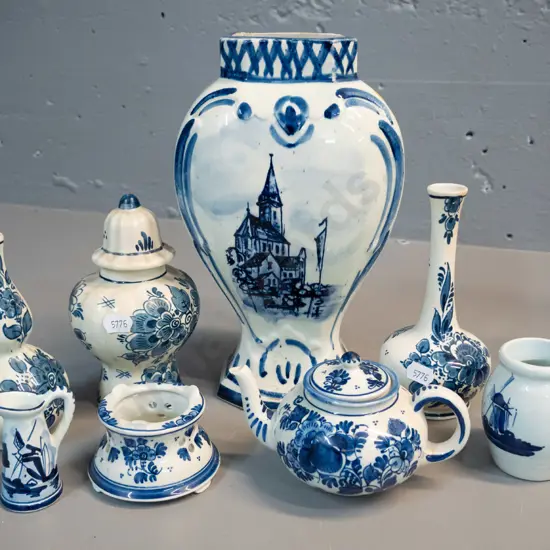 8 assorted hand-painted Delft blue & white items - miniature teapot, vases, lidded jar, jug, etc - large vase is H240