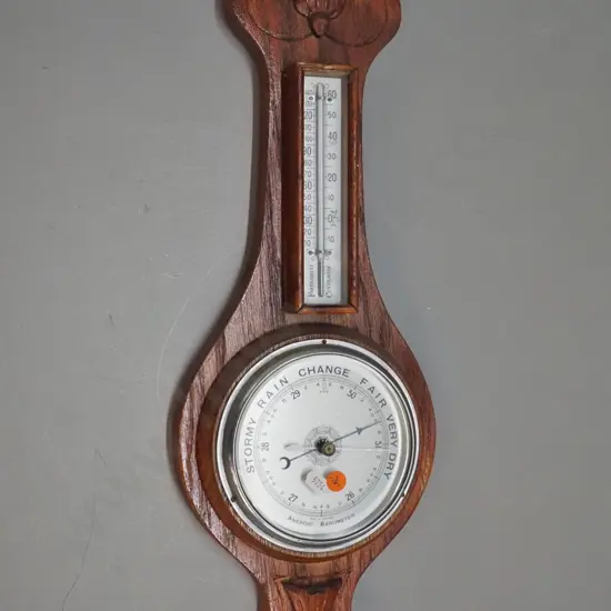 vintage oak-cased wall barometer-thermometer marked Aneroid - made in England H-580