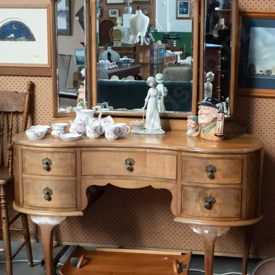 vintage beech cab-leg dressing table with 3 shaped, framed, bevelled edge mirrors, 5 drawers w/ drop handles - some