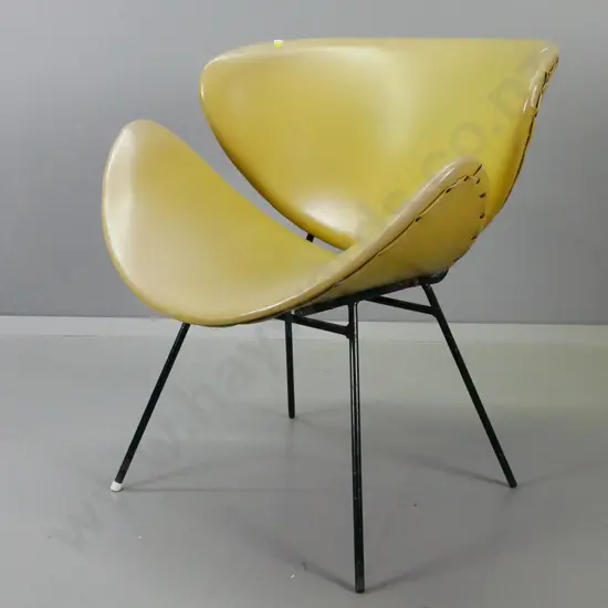 retro pale green lip chair with pitting and wear to finish on base, missing 3 leg caps, some fading, small nick to vinyl