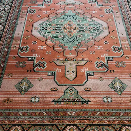 large wool pile Persian style floor rug - terracotta, green & black L-3460 W-2510 (some wear)