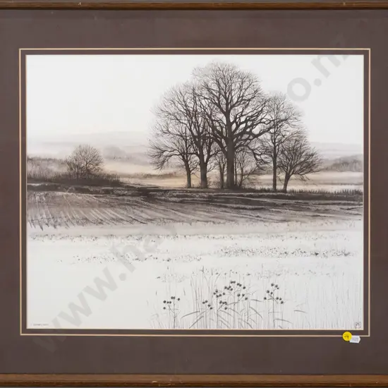 framed Kathleen Caddick print - landscape field & trees (framed needs attention) H-430 W-520