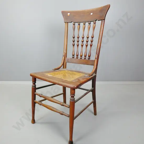 vintage oak spindle-back dining chair with woven cane seat, turned stretcher base H-980 W-460 D-425