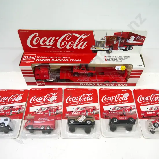 Coca-Cola branded die-cast model vehicles - large race team transporter and 5 small carded